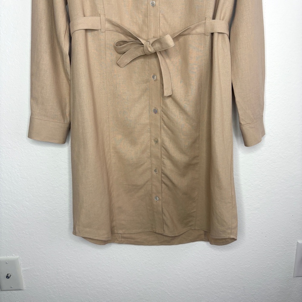 Ponant France Linen Blend Tan Long Sleeve Button Down Dress With Belt Size Small - Picture 3 of 10